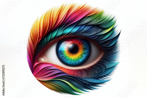 Closeup view of colorful female eye isolated on solid white background. ai generative