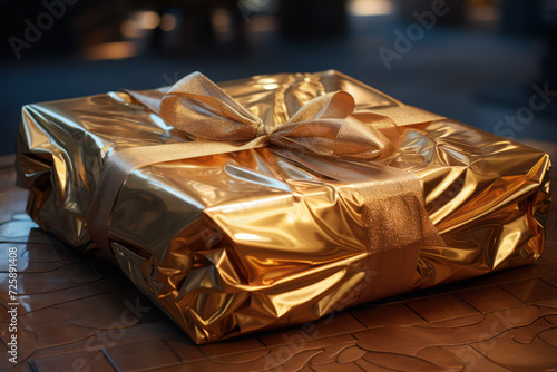 A mysterious package wrapped in shimmering paper, concealing the anticipation of an unexpected delight. Generative Ai.