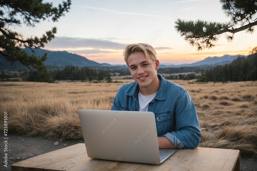 A remote employee works on a laptop surrounded by the vast beauty of nature