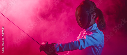 girl fencer in white fencing costume and mask in action, motion isolated on pink color background. Concept of sport