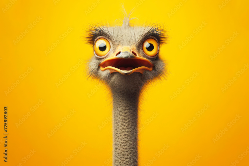 ostrich head on a yellow background with a surprised look on its face. ai generative - obrazy, fototapety, plakaty 