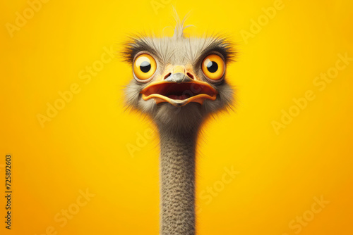ostrich head on a yellow background with a surprised look on its face. ai generative photo
