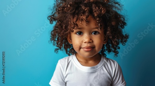 afro american boy toddler with curly hair stay in white t shirt on blue background
