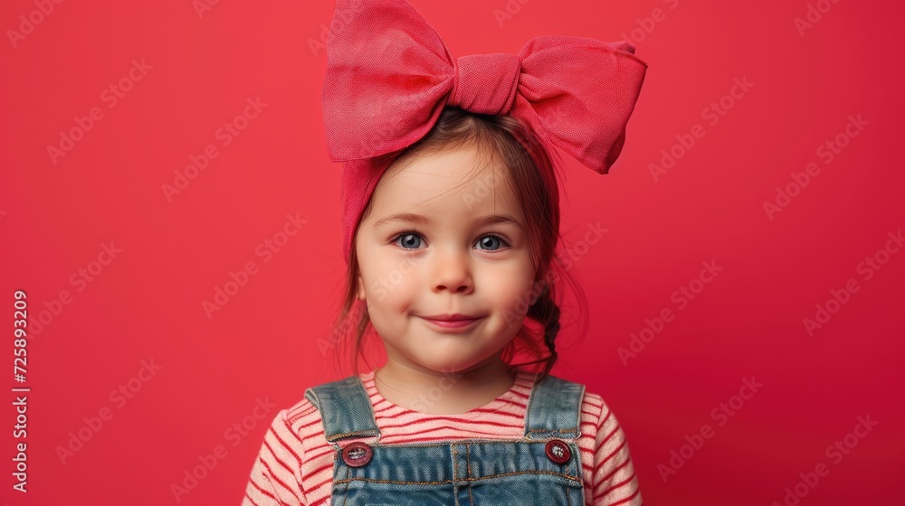 little girl with big bow on the head on light background , free copy space