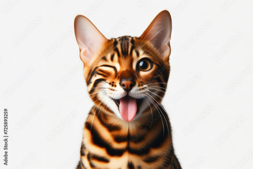 Funny bengal cat winking and sticking out tongue on solid white background. ai generative