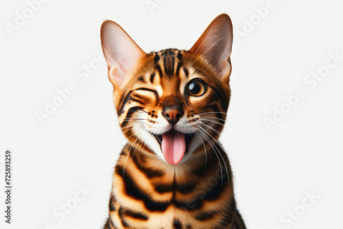 Funny bengal cat winking and sticking out tongue on solid white background. ai generative © Anna