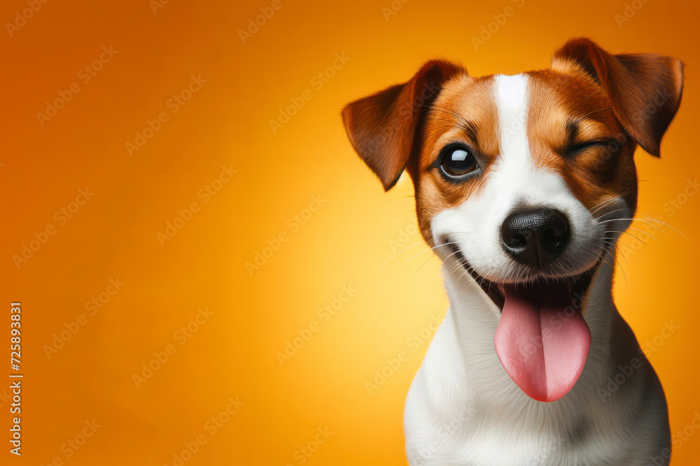 Jack Russell Terrier Dog winking and sticking out tongue on solid color bright background. ai generative