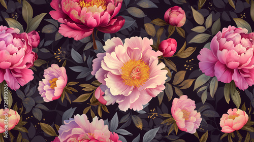 Seamless pattern with Peony flowers and leaves. Vector illustration.