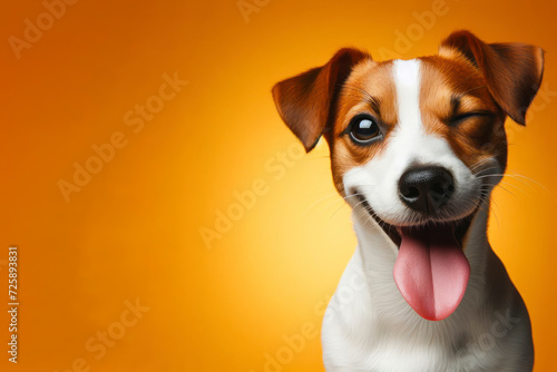 Jack Russell Terrier Dog winking and sticking out tongue on solid color bright background. ai generative photo