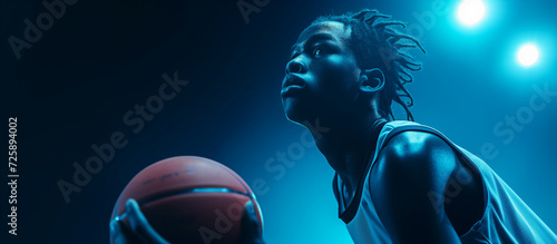 Portrait of afro american male basketball player with a ball over black background.