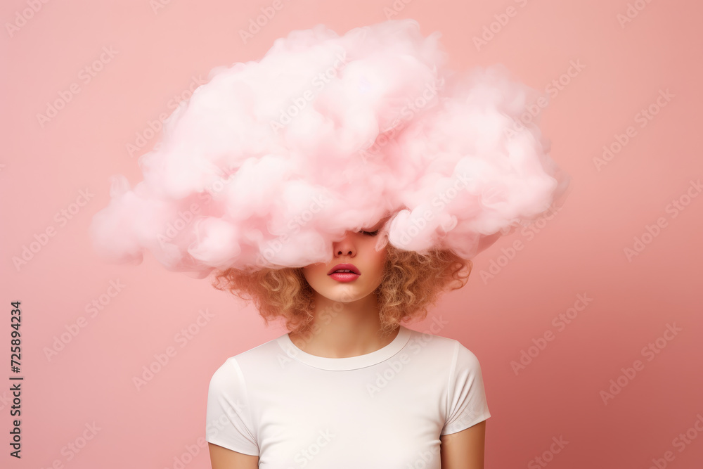 a young woman with her head in pink cloud on a pastel pink background
a young woman with her head in pink cloud on a pastel pink background