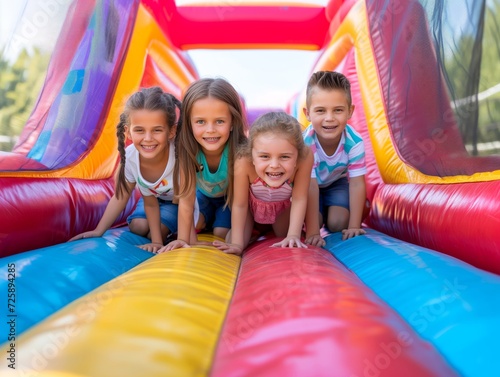 Kids at an outdoor bounce house. © August