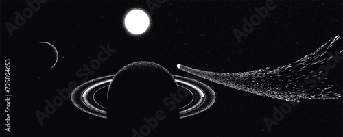 Comet and planet in space. Futuristic landscape, with noise texture . Night landscape with starry sky .Vector illustration