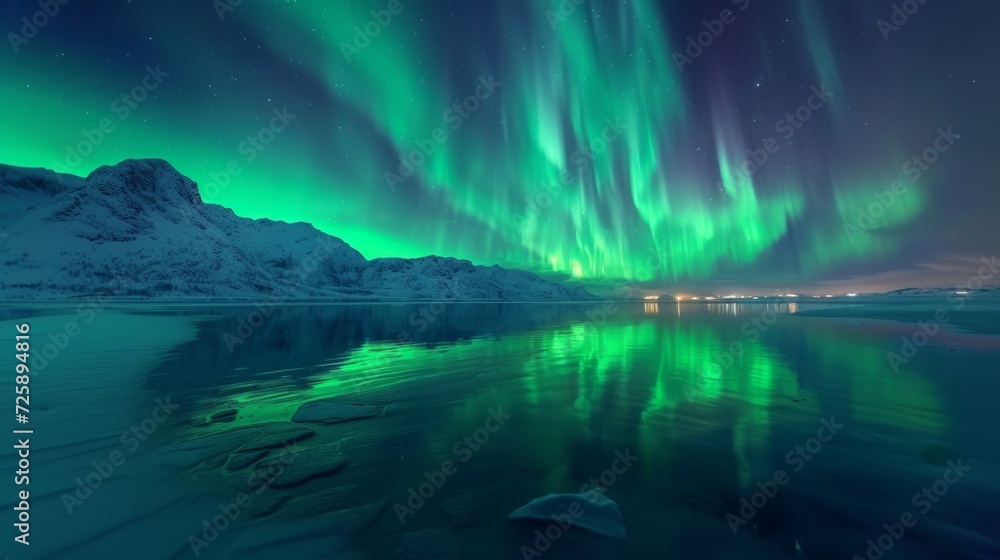 Northern Lights over Snowy Mountains