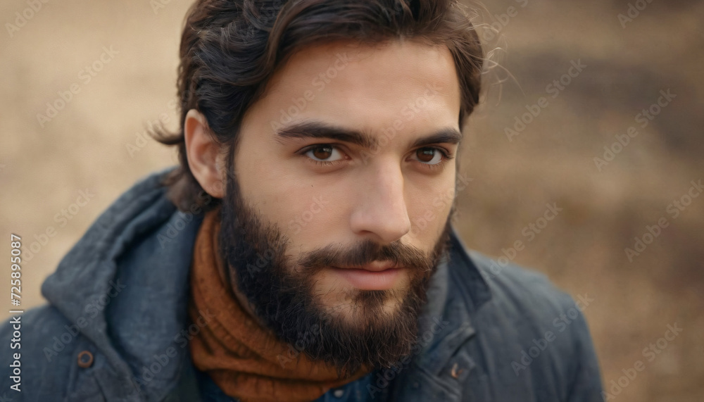 Young Brunette Man in Jacket and Scarf - Warm Smile, Hazel Eyes, Medium-Length Hair Young Brunette Man in Jacket and Scarf - Warm Smile, Hazel Eyes, Medium-Length Hair