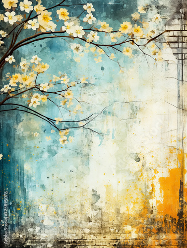 Grunge background with spring flowers on grunge paper texture.
