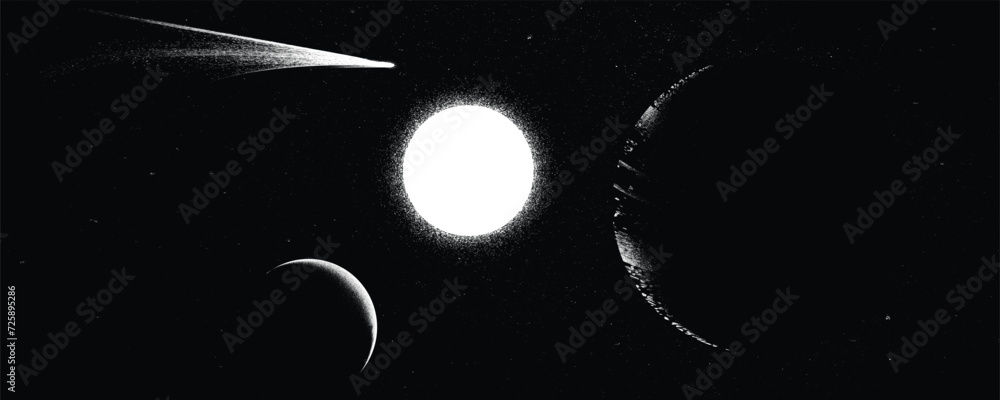Comet and planet in space. Futuristic landscape, with noise texture . Night landscape with starry sky .Vector illustration - obrazy, fototapety, plakaty 