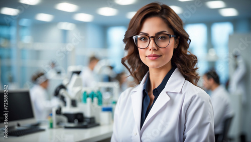 Beautiful young woman scientist wearing a white coat and glasses in a modern Medical Science Laboratory with a Team