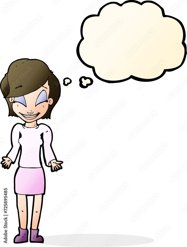 cartoon happy woman shrugging shoulders with thought bubble cartoon happy woman shrugging shoulders with thought bubble