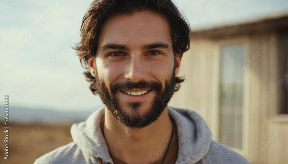 Young Brunette Man with Beard Smiling in Rural Setting - Warm and Soft Light Portrait Young Brunette Man with Beard Smiling in Rural Setting - Warm and Soft Light Portrait