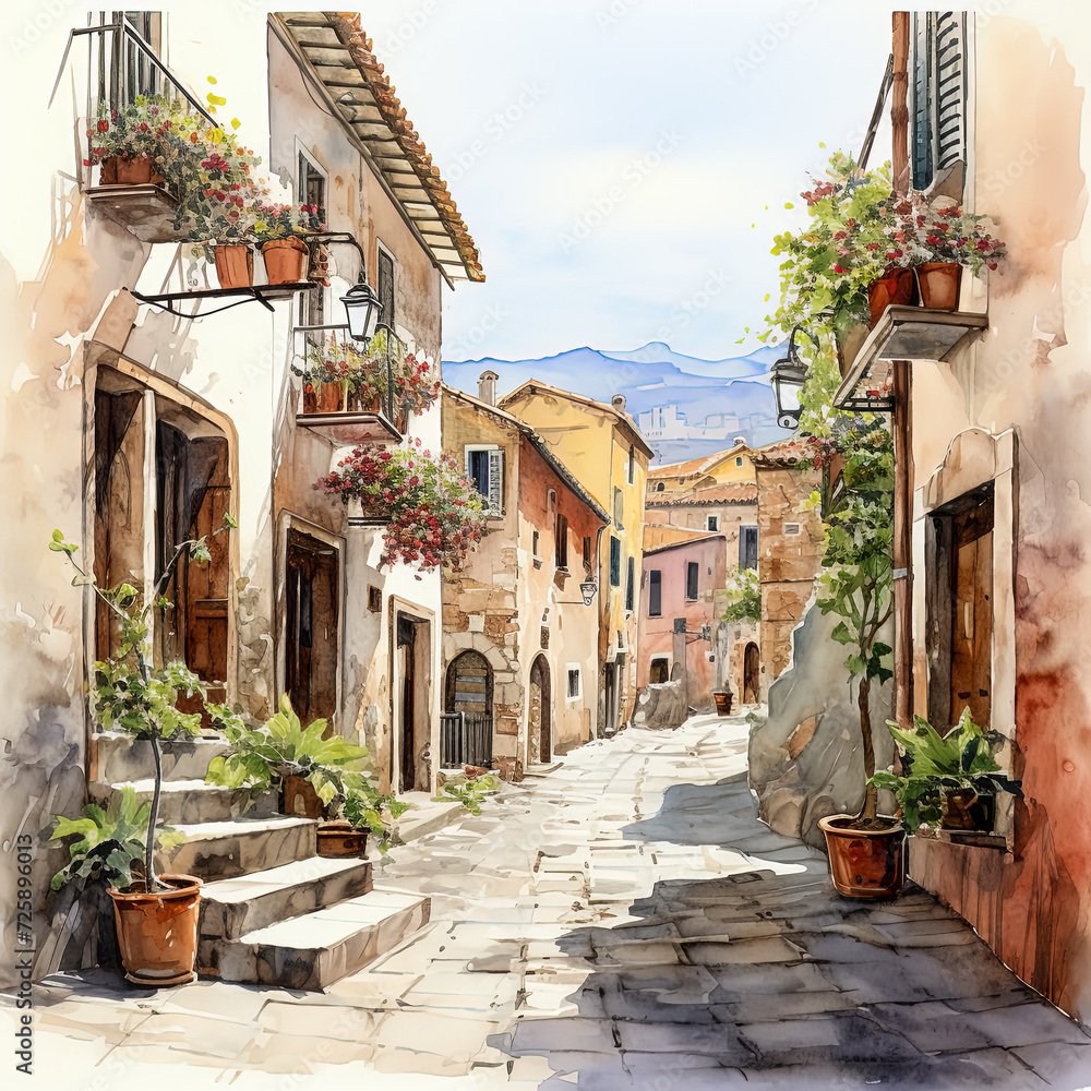 A street in the old Mediterranean town. Watercolor illustration.