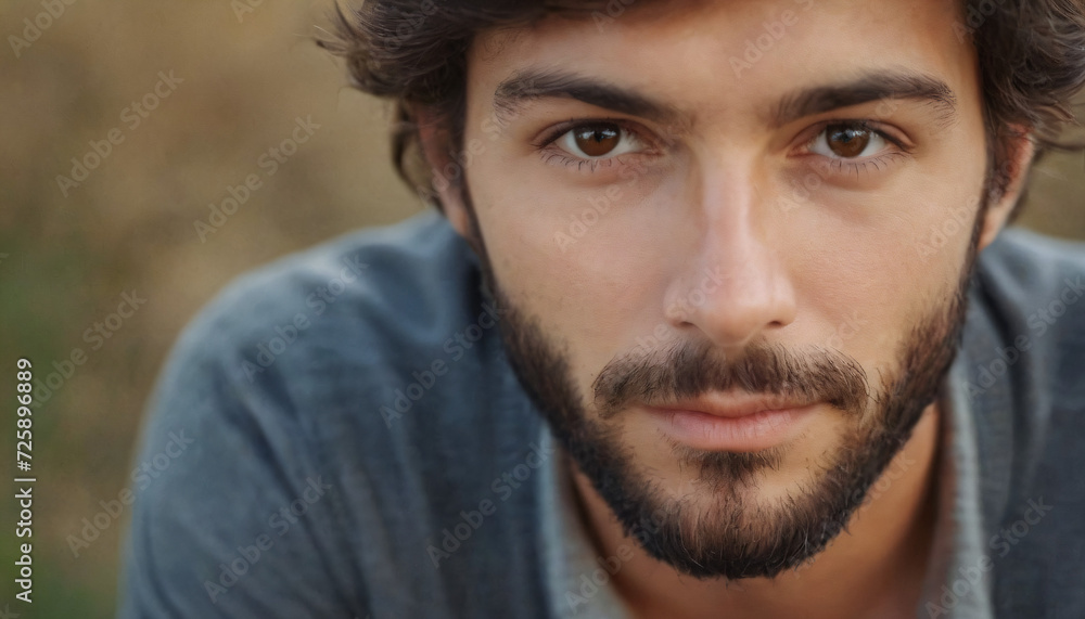 Contemplative Young Brunette with Beard: Dirt Background, Serious Gaze, Warm Smile Contemplative Young Brunette with Beard: Dirt Background, Serious Gaze, Warm Smile