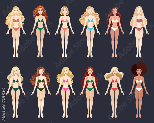 Fashion doll collection. 12 dolls with bikinis, blond, dark, red, curly hair. Vector illustration