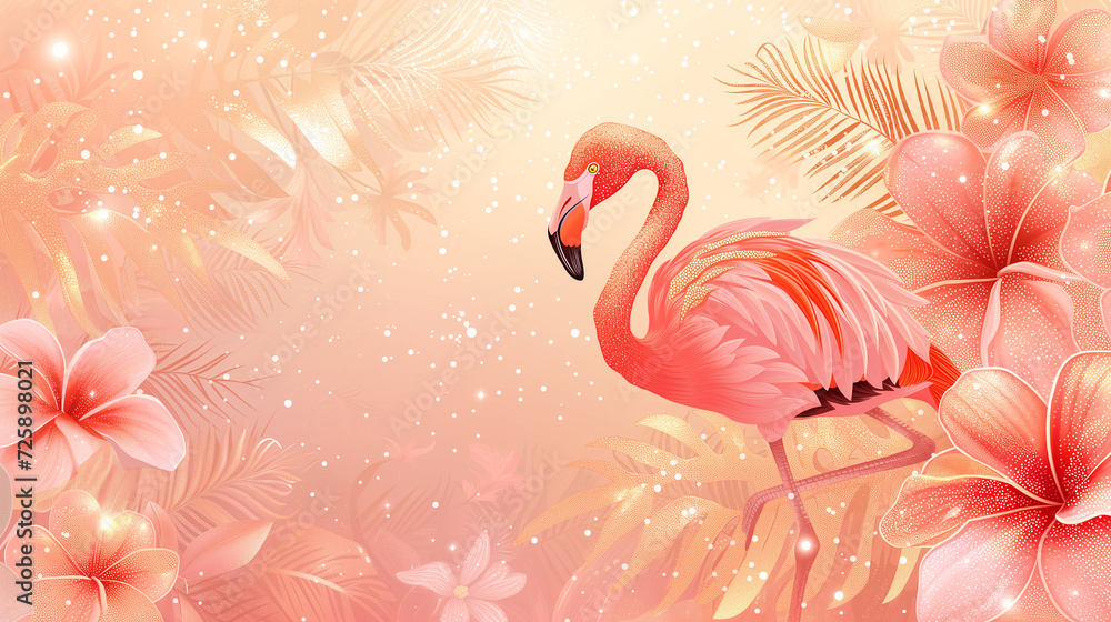 Fototapeta premium Background With Exotic Leaves And Coloful Flowers and Flamingo. It's Summer Time