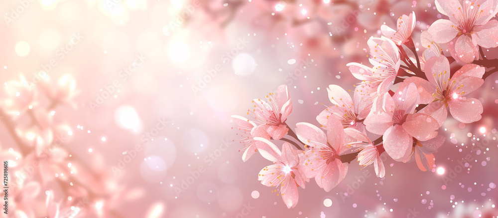 Pink cherry blossoms with abstract lights background - obrazy, fototapety, plakaty 