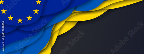 Ukraine UA and EU Europe Union flags papercut style background, banner, wallpaper for text. Cooperation, partnership membership patriotic template