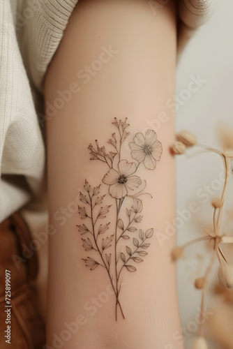 The trend of tattoos on a girl s hand reflects the spirit of freedom, rebellion and uniqueness. Delicate tattoo on a beige background.