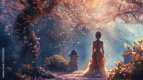 Young attractive woman, girl in fancy dress in front of entrance to mysterious fantasy world in spring with blooming trees. Spring fantasy