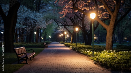 Flowering trees in a city park illuminated by lanterns at night