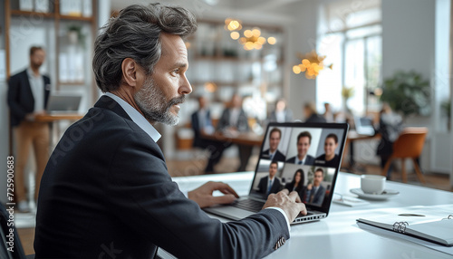 Businessman at zoom meeting. Zoom conference. Business partners communicate via video using laptop. The guy talks with his business partners appearance about plans and strategy. Distant work photo