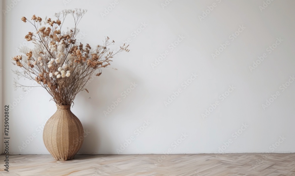 Dried flowers in vase on wooden floor and white wall background Dried flowers in vase on wooden floor and white wall background