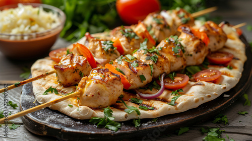 Side view of chicken kebab on lavash served with vegetables.