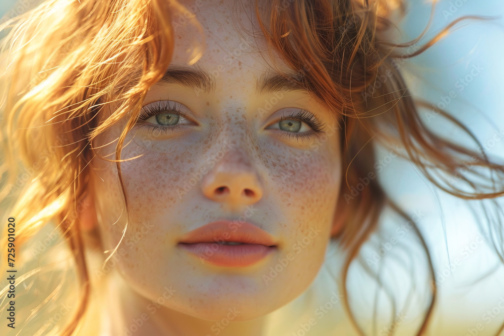 Close-up portrait of a young girl with a freckles and hair blowing in the wind Close-up portrait of a young girl with a freckles and hair blowing in the wind
