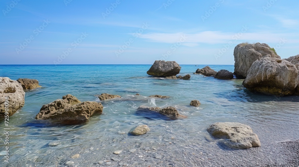 Sea coast with large stones in sunny weather, seascape Sea coast with large stones in sunny weather, seascape
