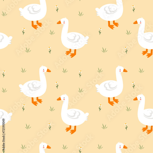 Seamless pattern with ducks, geese and flowers. Kids vector illustration, cartoon, flat style. 