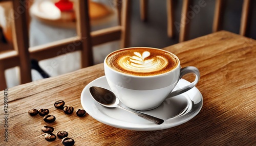 Xícara de café com desenho na mesa de uma cafeteria, colher ao lado e grãos de café photo