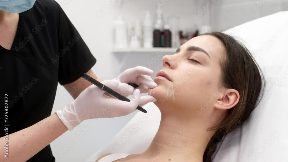 The cosmetologist marks with a pen for the injection on patient’s forehead. Concept of preparation for beauty injection. Youthfulness, comfort, facial care The cosmetologist marks with a pen for the injection on patient’s forehead. Concept of preparation for beauty injection. Youthfulness, comfort, facial care