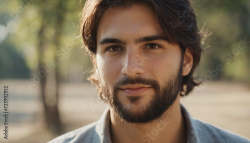 Young Brunette Man with Goatee Smiling Warmly in Park - Soft Light Headshot