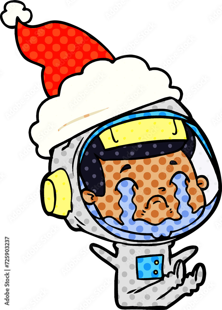 comic book style illustration of a crying astronaut wearing santa hat