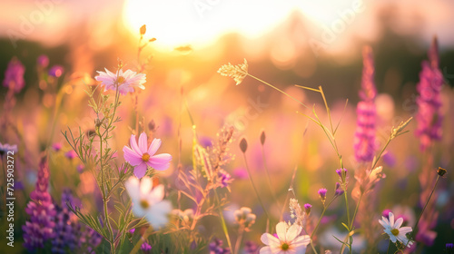 Wide field of wildflowers in summer sunset, panorama blur background. Autumn or summer wildflowers background. Shallow depth of field © Mosaic Media