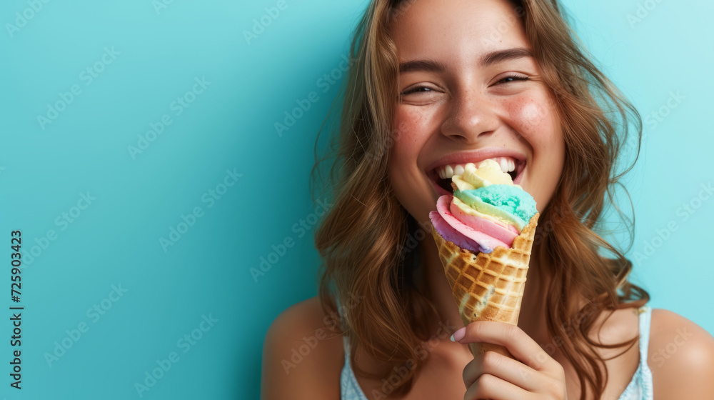A woman wearing a big smile as she enjoys a waffle cone filled with colorful ice cream on a mint blue background, closeup. Copy space. A woman wearing a big smile as she enjoys a waffle cone filled with colorful ice cream on a mint blue background, closeup. Copy space.