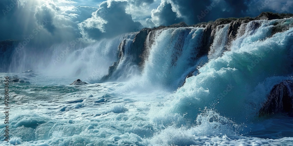 A waterfall with water crashing over it. Generative AI. A waterfall with water crashing over it. Generative AI.