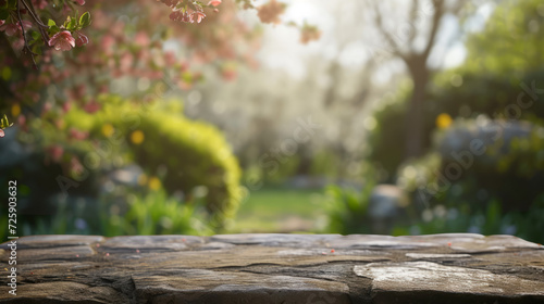 Empty Old Stone Table with Blurred Spring Theme in Background, Perfect for Product Display.