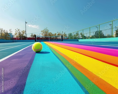 A tennis ball on a rainbow colored court. Generative AI. © serg3d