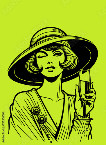 Dessin au trait - Personnage années folles - 1920 - Femme qui boit un verre de vin en faisant un clin d'œil