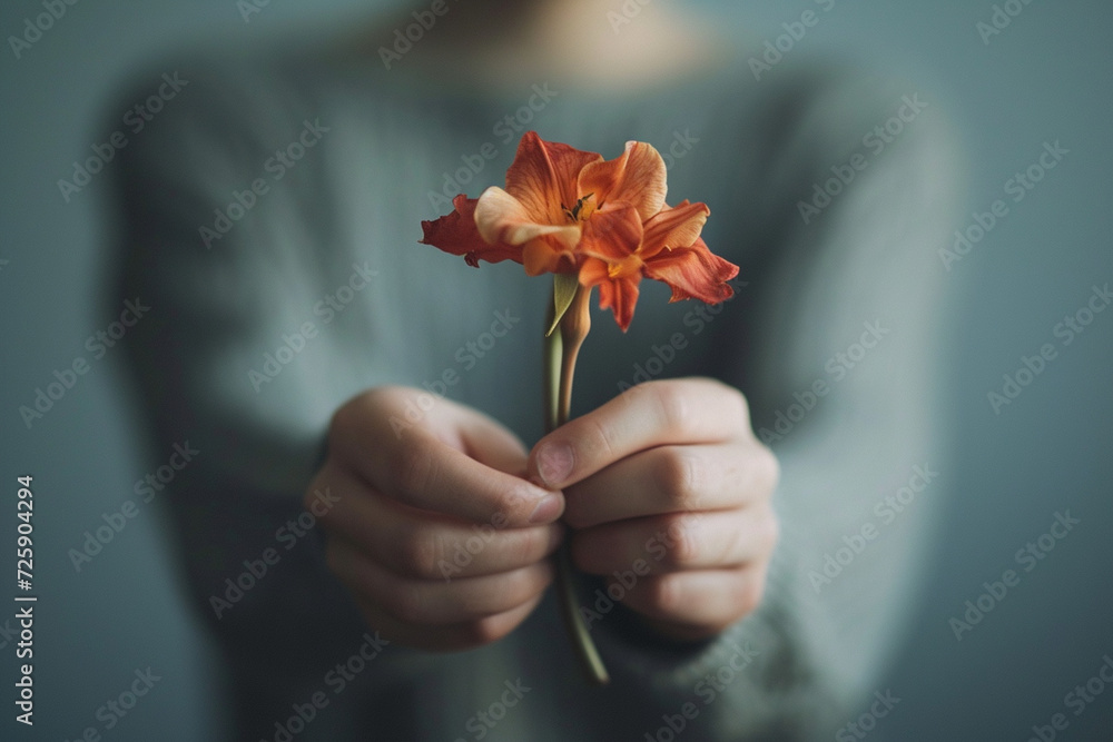 evocative photo of someone holding a wilting flower, symbolizing the fading vibrancy and enthusiasm for life's beauty